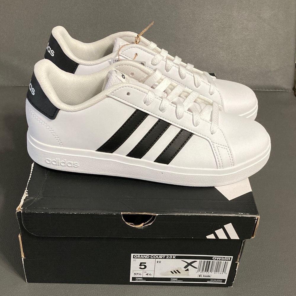 Adidas Grand Court 2.0 White Sneakers with Black Stripes women’s 5